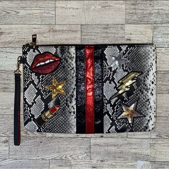 ALDO, Faux Snake Skin, Sequin Embellished, Oversized Clutch Purse - Picture 13 of 15